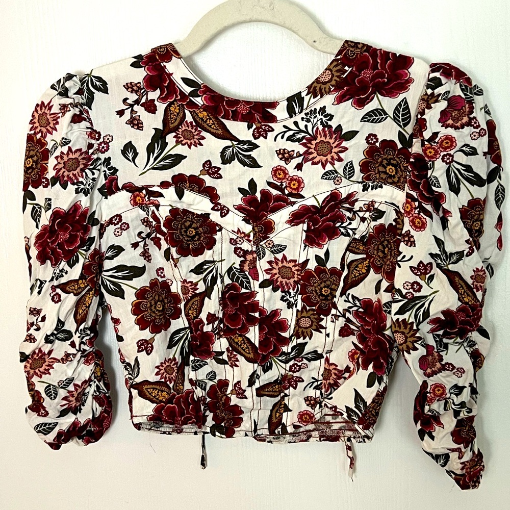 SO White Puff Sleeve Crop Floral Blouse Small